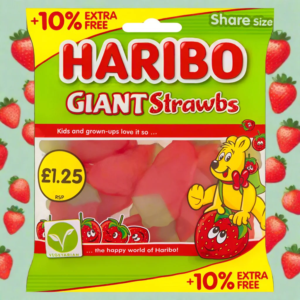Haribo Giant Strawbs Strawberry Flavour Chewy Jelly Sweets Sharing Bag 140g (Copy)