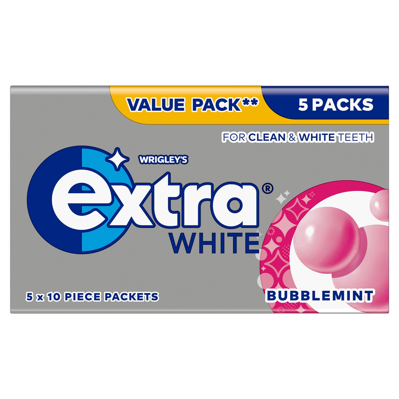 Wrigley's Extra White Bubblemint Sugarfree Chewing Gum 5 x 10 Pieces 70g